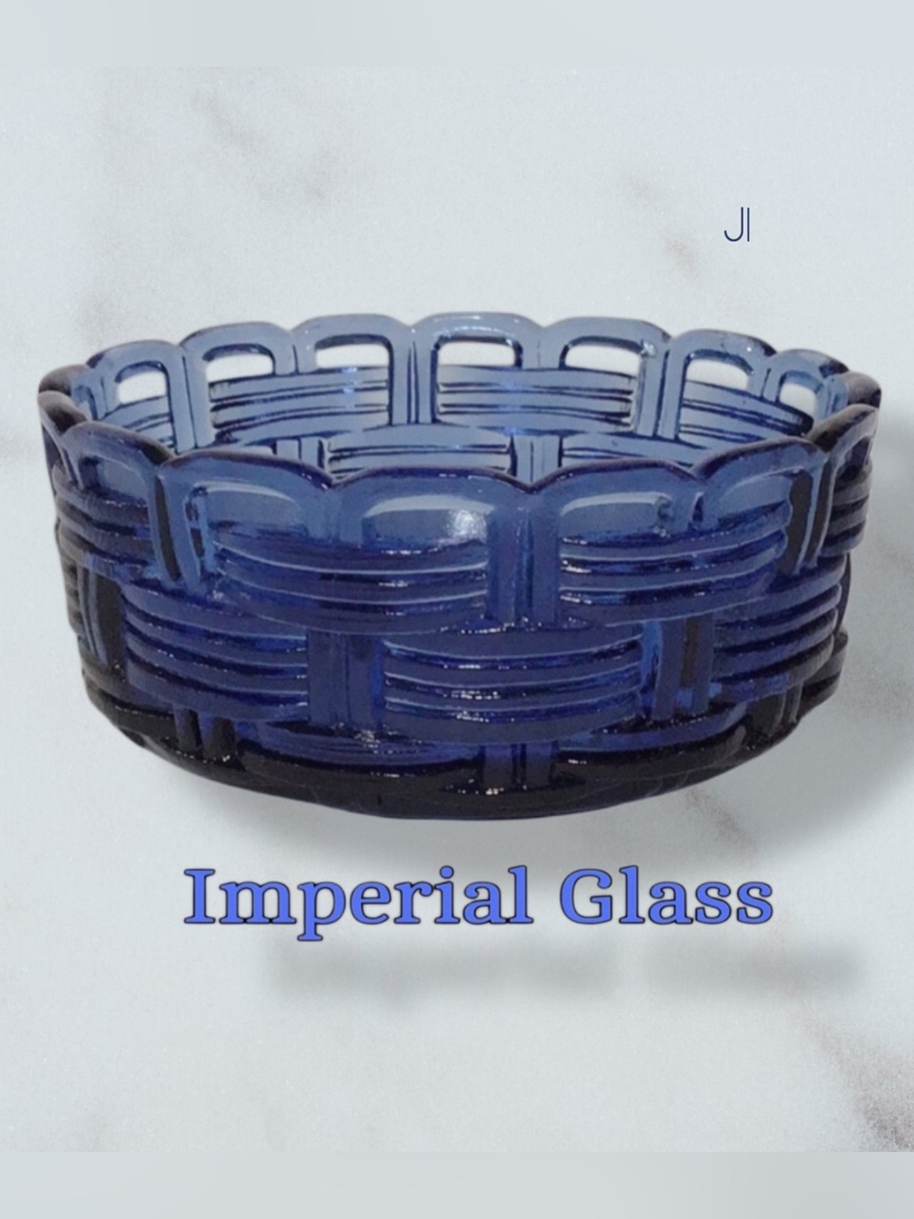 IMPERIAL GLASS COMPANY Cobalt Blue Glass Round Woven Basket, 2 Available VINTAGE